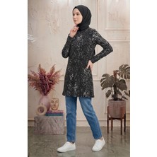 Sefa Merve Bürümcük Kumaş Leopar Desenli Tunik 0504B-02 Siyah
