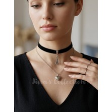 Jivva's Collection Siyah Kadife Çift Zincirli Eiffel ve Kalp Detaylı Choker Kolye. El Yapımı Özel Tasarım