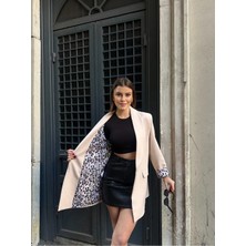 Vess Moda Kadın Yeni Sezon Leopar Astar Detaylı Uzun Blazer Ceket