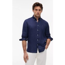 Tommy Hilfiger Erkek Regular Fit %100 Keten Logo Imzalı Uzun Kollu Lacivert Gömlek MW0MW41530-DCC
