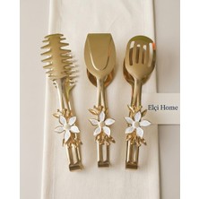 Gold Servis Seti - Beyaz Çiçek Detaylı Gold Servis Maşa Seti - Elçi Home