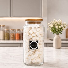 Mafa Home Ahşap Vakum Kapaklı Cam Saklama Kavanozu 1400 ml Şeker Etiketi Hediyeli
