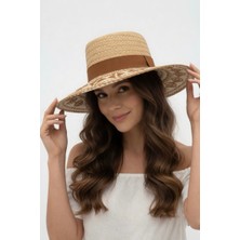 Mollycrush Kadın Luxury  Camel Etnik Geometrik Desen Hasır  Şapka | Plaj ve Günlük Kullanıma Uygun Model