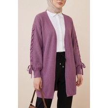 Moda Morfo Kolu Saç Örgülü Salaş Triko Hırka -Mürdüm