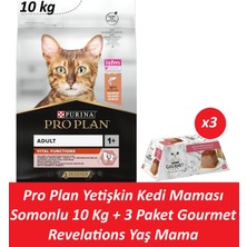 Pro Plan Yetişkin Kedi Maması Somonlu 10 kg + 3 Adet Gourmet Somonlu Yaş Mama