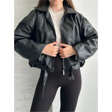 Vess Moda Içi Peluş Detaylı Kemerli Deri Ceket Içi Siyah Kürk
