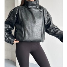 Vess Moda Zr Viral Oversize Urban Style Yüksek Yaka Kadın Deri Ceket