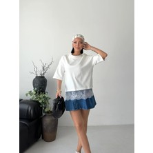 Vesantia Kadın Beyaz Kısa Dantel Detaylı Oversize T-Shirt