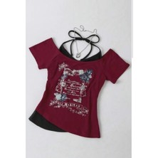 Moonstyle Collection Bordo Nuit Magique Madonna Yaka Ek Askılı Y2K Kısa Kollu Full Body Crop