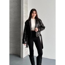 Vess Moda Kadın Kol Kemer Detay Şık Deri Ceket Kahve