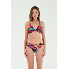 Louren Kadın Fuşya Çiçek Desenli Halka Detaylı Çıkabilir Ince Kaplı Toparlayıcı Üçgen Bikini Takımı