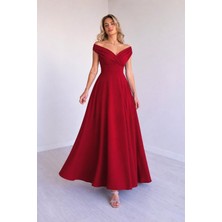 Gökyüzü Moda Kadın Yakası Omuzları Açıkta Bırakan Kruvaze Yakalı Belden Oturtmalı Uzun Janjan Krep Elbise