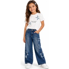 İrem Çocuk Giyim Kız Çocuk Tişörtü Yıldız Detaylı Yazı Desenli Taşlı Kısa Model (Crop) Pantolonu Yıldız Detaylı Şık Ikili Takım