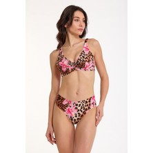 Argento 1472-3024 Leopar Pembe Çiçekli Balenli Toparlayıcı Üçgen Bikini Takım