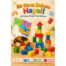 Denapcal Ahşap Bloklar 60 Parça Renkli Eğitici Oyuncak 18 Ay Kovalı Set