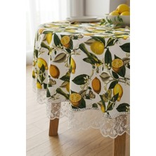Rona Home Yuvarlak Masa Örtüsü Leke Tutmaz Silinebilir Şık Dekoratif Modern Limon Desenli Dantel Kenarlı