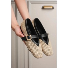 Ellolita Luxury Shoes Hola Ortopedik Taban Siyah Detaylı Hasır El Yapımı Babet