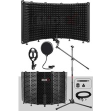 PF-43X Set Mikrofon Ses Yalıtım Paneli (69x26 cm) Stand Filtre Shock Mount ve XLR Kablo ile Siyah Renk Sünger