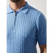 Erkek Yazlık Triko Saç Örgü Tişört Kısa Kol Polo Yaka Fermuarlı T-Shirt - Bebe Mavisi