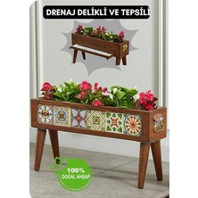 Yapımı Ayaklı 6 Çinili Dekoratif Modern Ahşap Dikdörtgen Bahçe Balkon Saksı Saksılık Çiçeklik