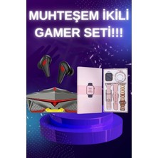 GIGA Yeni Nesil Pembe Dokunmatik Ekran Akıllı Saat ve Oyuncu Kulaklığı Kablosuz Bluetooth Kulaklık