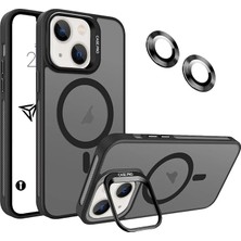 FourForce iPhone Için Kılıf Kamera Korumalı Magsafe Wireless Şarj Özellikli Mat Şeffaf Renkli Standlı Kılıf (Lens Hediyeli) (Siyah, iPhone 13)