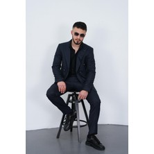 Dupont Slim Fit Erkek Sivri Yaka Çizgili Kruvaze Takım Elbise