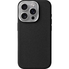FourForce iPhone 16 Pro Için Magsafe ile Uyumlu Çizilmeyen ve Parmak Izi Tutmayan Deri Görünümlü Metal Tuşlu ve Metal Lens Çerçeveli Hybrid Silikon Kılıf (Siyah, 16 Pro)