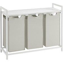 FourForce Çamaşır Sepeti 3 Bölmeli, Raflı Çamaşır Torbası, Çamaşır Kutusu, Oxford Kumaştan Uzatılabilir Çamaşır Torbası, Metal Çerçeve, 3 x 38 L, 92,5 x 33 x 72 Cm, Beyaz BLH301W01