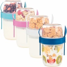 FourForce ml Take-Go Kaşıklı Hazneli Meyveli Müsli Kabı Piknik Iş Yoğurt Süt Bardağı Kapaklı ve Kaşıklı Kahvaltı Bardakları, Tahıl Tepesi Yulaf Ezmesi Granola (4'lü Set)