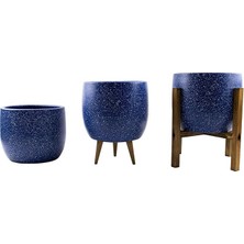 FourForce Tasarımı Ev Dekorasyon Aksesuar Lacivert Granit Toprak Saksı Saksılık Salon Çiçeklik Üçlü Set- 19 cm