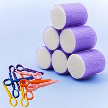 FourForce 1203 Mor Cırtlı Sünger Bigudi 6lı Çap 5cm +10LU Plastik Saç Pensi