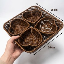 Ozcmax 5 Parça,4 Kalp Formlu Plastik Rattan Sunum Vee Kahvaltı Seti-Bölmeli Çerezlik ve Meyvelik-Doğal Hasır Görünümlü Tepsi ve Sunum Tabakları