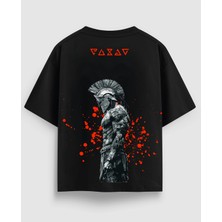 Oversize Unisex Siyah Tişört – Spartan Savaşçı Baskı, %100 Pamuk Streetwear Tasarım