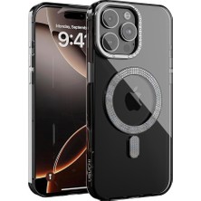 FourForce iPhone 16 Pro Max ile Uyumlu Şeffaf Taşlı Mag-Safe Kılıf – Sert Mika Sararmaz Kılıf, N52 Güçlü Mıknatıs, Bağımsız Tuşlar, Lüks Kristal Tasarım (Siyah Şeffaf, iPhone 16 Pro Max)