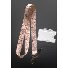 Stormistoretr Pudra Papatya Desenli Lanyard Boyun Ipi + Şeffaf Kartlık | Doktor, Hemşire, Öğretmen Kullanımı Için