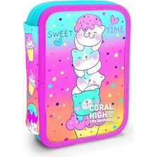 FourForce High Kids Renkli Dondurmalı Kedi Desenli Çift Katlı Kalem Çanta 11139