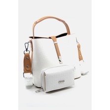 Just Polo Kadın Beyaz Camel Orta Boy 3 Bölmeli Omuz Çantası ve Cüzdanı Kombin MH4002MH