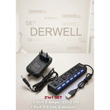 Derwell Yeni 2026 2in1 Set Güç Adaptörü 7 Port USB Çoklayıcı 5 Volt - 2 Amper 3.5*1.35 mm Uçlu Plastik Kasa Priz Tipi Adaptör (Android Box ) /7 Port USB Çoklayıcı 2.0  Hub Anahtarlı Aç/kapa Düğmeli Işıklı