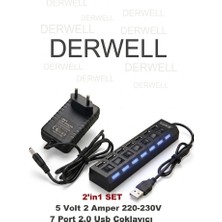 Derwell Yeni 2026 2in1 Set Güç Adaptörü 7 Port USB Çoklayıcı Hub 5 Volt - 2 Amper 3.5*1.35 mm Uçlu Plastik Kasa Priz Tipi Adaptör (Android Box ) /7port USB Çoklayıcı 2.0  Hub Anahtarlı Aç/kapa Işıklı Düğmeli