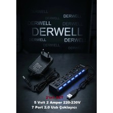 Derwell 2in1 Set Güç Adaptörü 7 Port USB Çoklayıcı Hub Anahtarlı Aç/kapa Düğmeli Işıklı / 5 Volt - 2 Amper 3.5*1.35 mm Uçlu Plastik Kasa Priz Tipi Adaptör (Android Box )