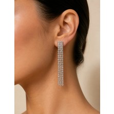 Aymeta Taşlı Sallantılı Kadın Zirkon Görünümlü Küpe 6 cm Silver Renk Abiye Şık Küpe