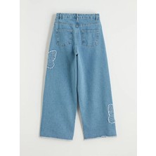 LC Waikiki Indigo Wideleg Nakışlı Kız Çocuk Jean Pantolon