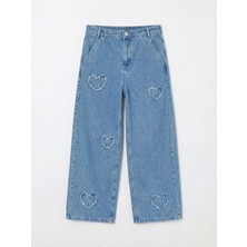LC Waikiki Mavi Wideleg Nakışlı Kız Çocuk Jean Pantolon