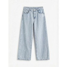 LC Waikiki Mavi Wideleg Nakışlı Kız Çocuk Jean Pantolon