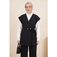 Moda Morfo Düğme Detaylı Çift Bağcıklı Yelek Pantolon Double Krep Takım -Siyah