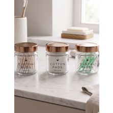 Milea 3'lü Şeffaf Cam Derin Kapaklı Düzenleyici Kulak Pamuğu Diş Ipi Banyo Organizer Seti – Cotton Buds & Cotton Pads & Dental Floss Yazılı Etiketli/ 255 ml