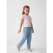 LC Waikiki Mavi Regular Fit Hello Kitty Nakışlı Kız Çocuk Jean Pantolon