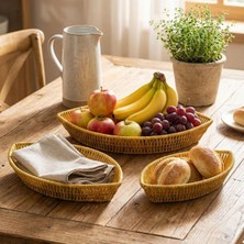 Hereveoyuncak 3’lü Kayık Formlu Plastik Rattan Sepet Seti–hasır Görünümlü Ekmek, Meyve ve Sunum Sepetleri, Çokk Amaçlı Masaüstü Organizer