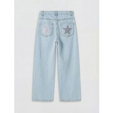 LC Waikiki Mavi Wideleg Taş Işlemeli Kız Çocuk Jean Pantolon